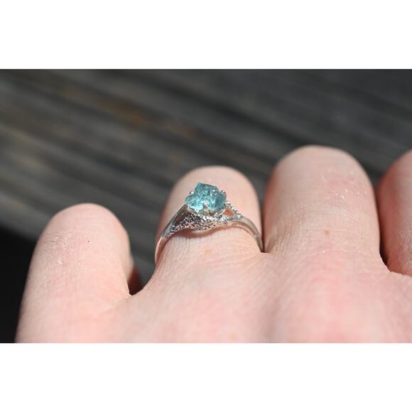 Raw Aquamarine Engagement Ring Sterling Silver - Picture 3 of 5